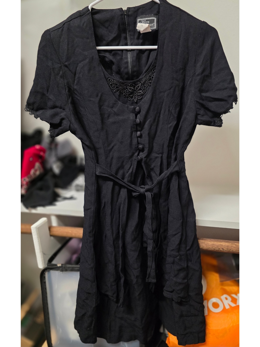 Vintage Kaitlyn O'Farrel Petite Black Short-Sleeve Dress with Embroidered Scoop